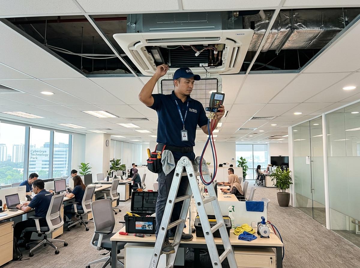 Amad Aircon technician servicing a 4-way ceiling cassette in a Shah Alam corporate tech office
