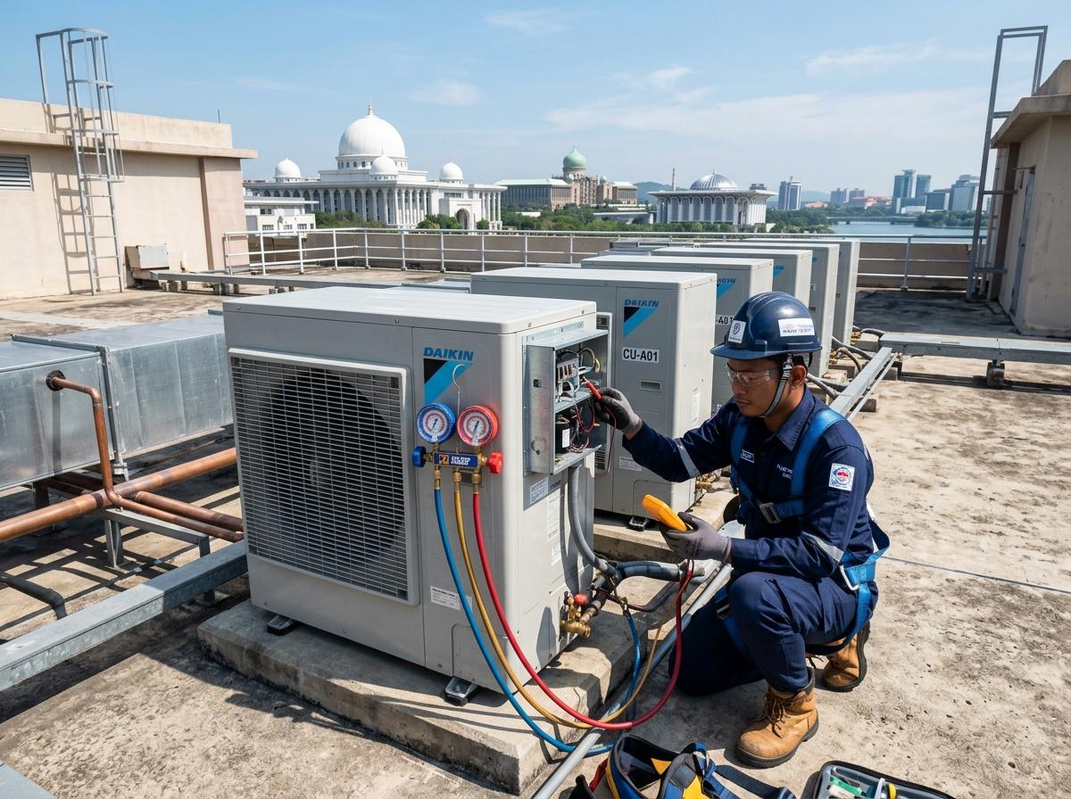 Amad Aircon certified technician checking commercial rooftop aircon condenser fleet in Shah Alam